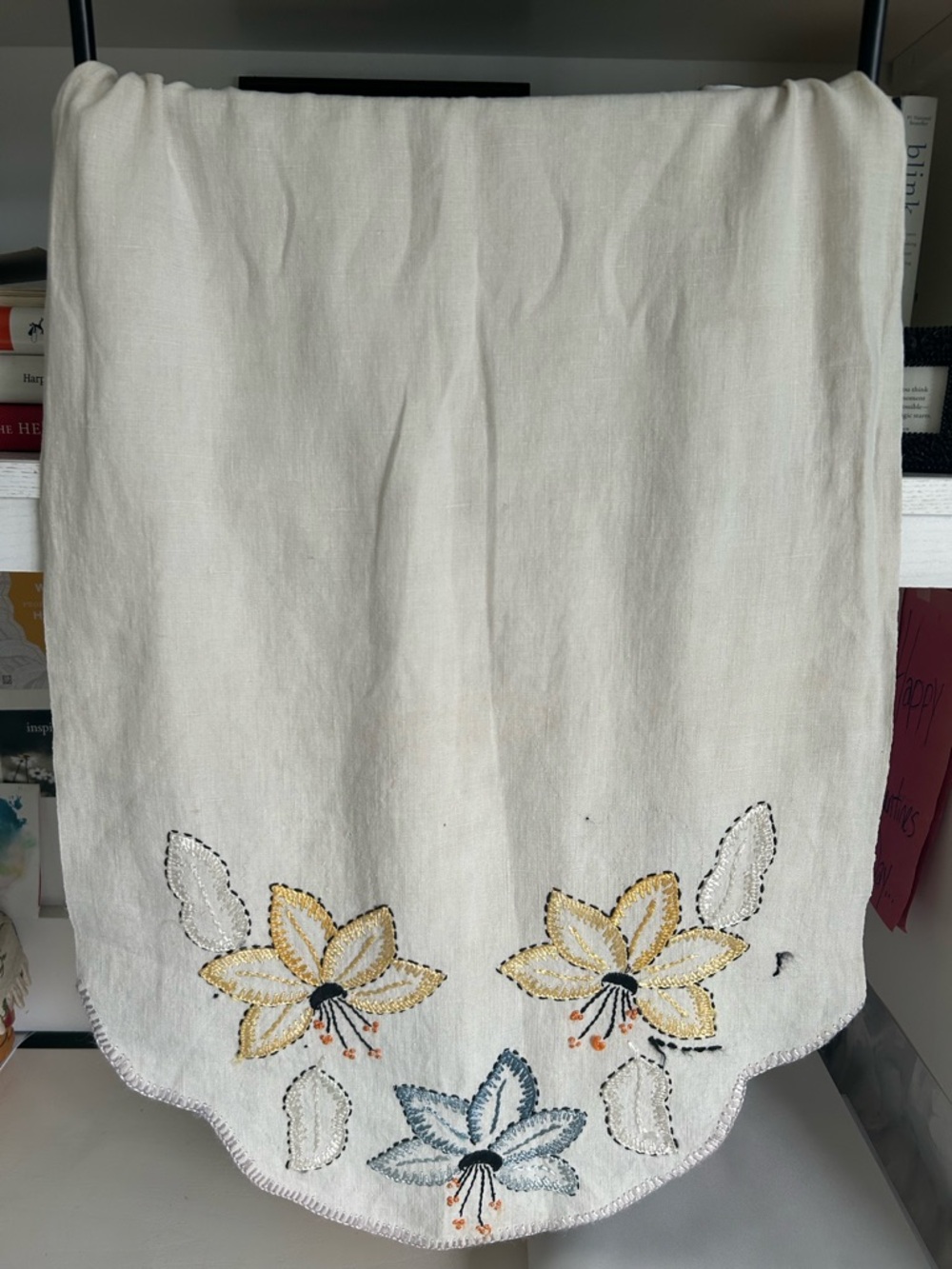 Vintage Cream Linen Floral Hand Embroidered Runner with Yellow and Blue Accents